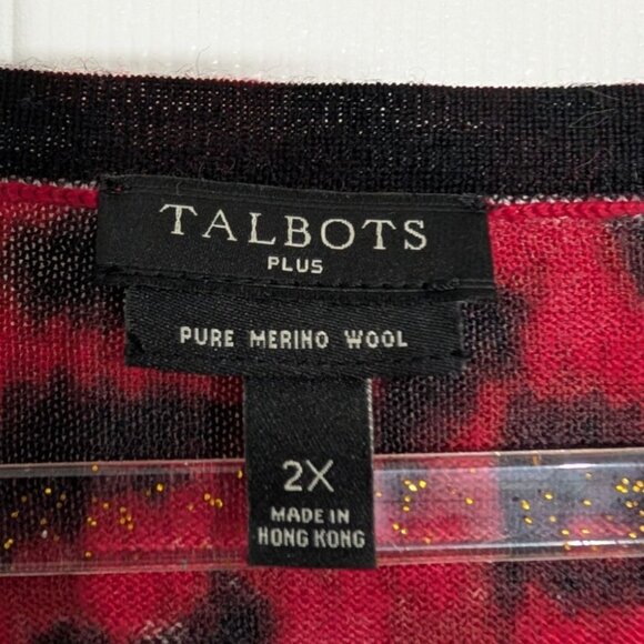 Talbots Merino Wool Animal Print Cardigan Womens Size 2X Red Button Front - Picture 4 of 11